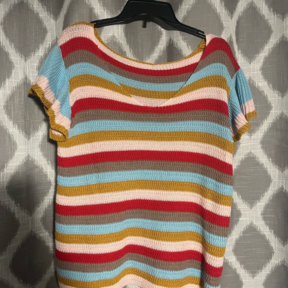 Multi Colored Striped Knit Short Ruffle Sleeve V-Neck Top